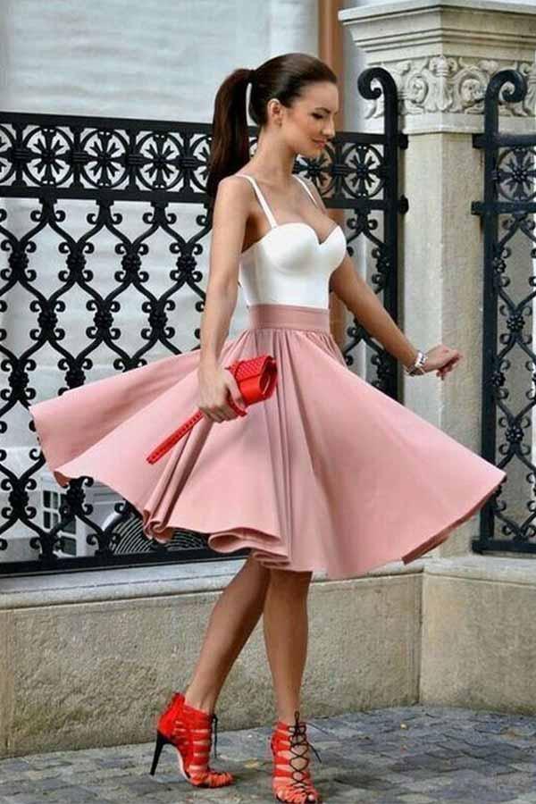 A-Line Spaghetti Straps Knee-Length Blush Homecoming Dress with Pleats PD214 - Pgmdress