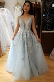 A Line Spaghetti Straps Light Blue Prom Dress With Beading Appliques PSK076