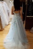 A Line Spaghetti Straps Light Blue Prom Dress With Beading Appliques PSK076 - Pgmdress