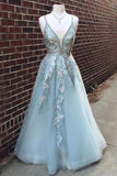 A Line Spaghetti Straps Light Blue Prom Dress With Beading Appliques PSK076 - Pgmdress