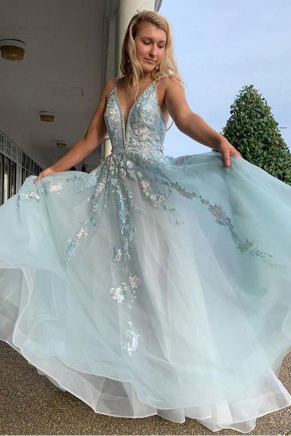 A Line Spaghetti Straps Light Blue Prom Dress With Beading Appliques PSK076 - Pgmdress