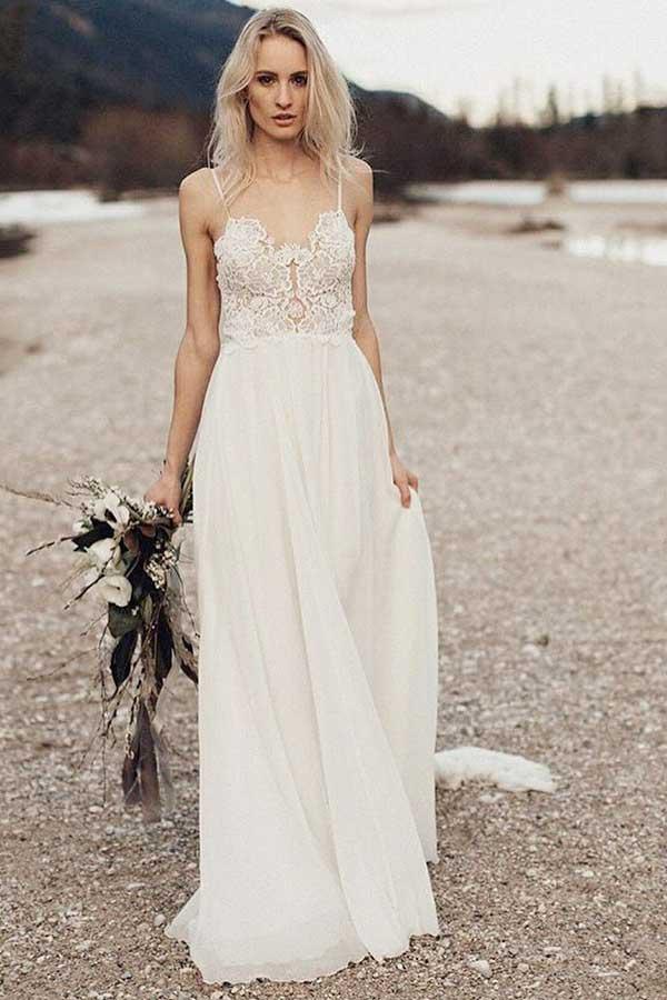 Spaghetti Long A-line Lace Chiffon Beach Wedding Dresses Spaghetti Long A-line Lace Chiffon Beach Wedding Dresses