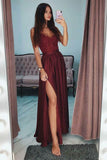 A-Line Spaghetti Straps Long Gray Prom Party Dress with Lace Sequins PSK029 - Pgmdress