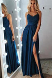 A-Line Spaghetti Straps Long Gray Prom Party Dress with Lace Sequins PSK029 - Pgmdress