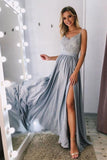 A-Line Spaghetti Straps Long Gray Prom Party Dress with Lace Sequins PSK029