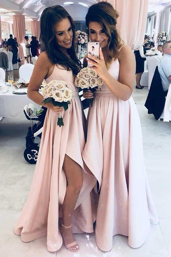 A-Line Spaghetti Straps Low-Cut Pink Satin Bridesmaid Dress with Split BD057 - Pgmdress