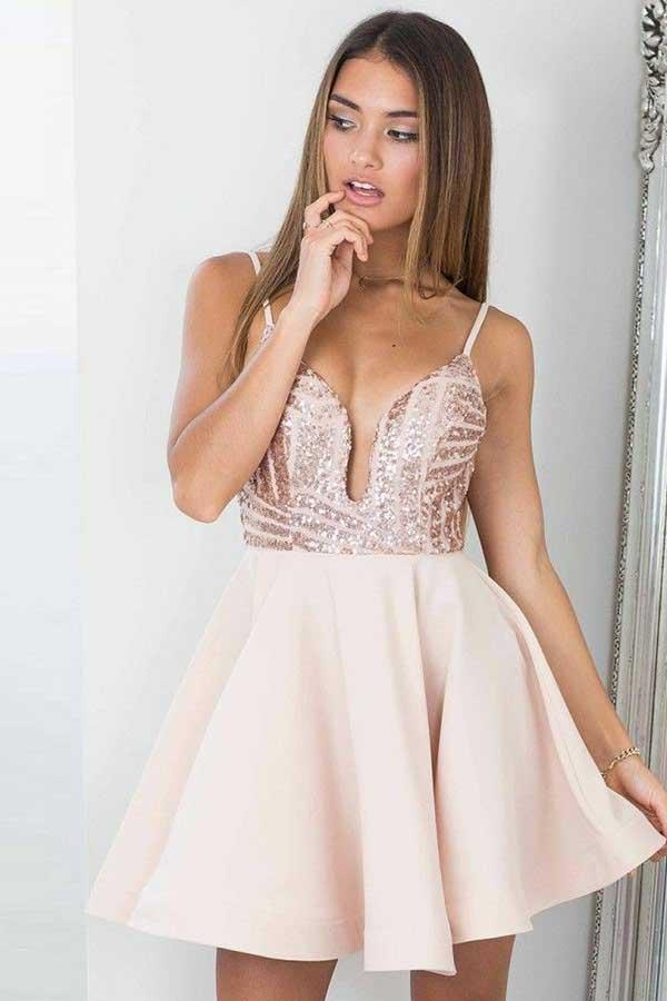 A-Line Spaghetti Straps Pearl Pink Homecoming Party Dress with Sequins PD028 - Pgmdress
