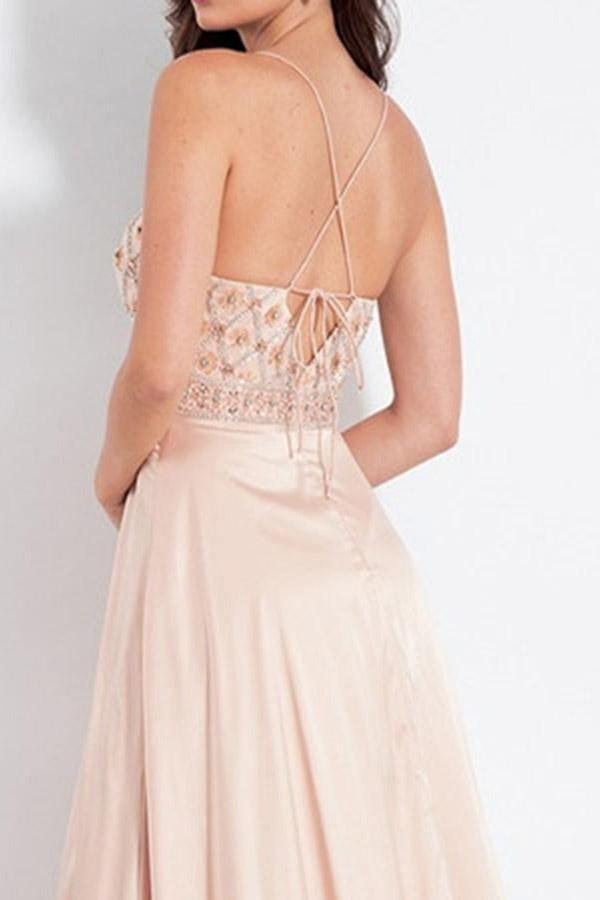 A-Line Spaghetti Straps Pink Elastic Satin Prom Dress with Beading PG670 - Pgmdress