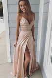 A-Line Spaghetti Straps Pink Elastic Satin Prom Dress with Beading PG670