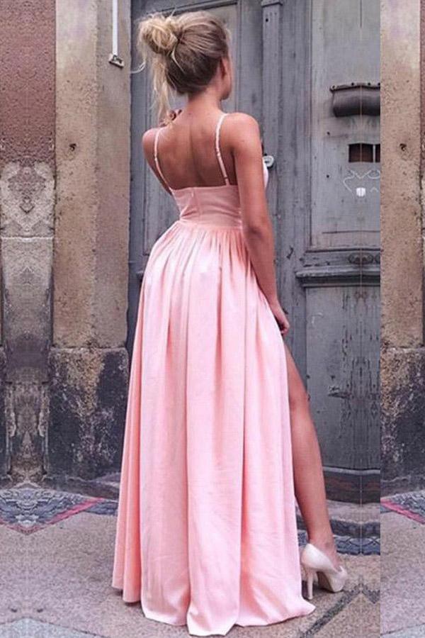 A-Line Spaghetti Straps Pink Pleated Prom Dress with High Split PG461 - Pgmdress