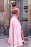 A-Line Spaghetti Straps Pink Pleated Prom Dress with High Split PG461 - Pgmdress