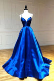 A-ligne Bretelles Spaghetti Bleu Royal Longues Robes De Bal Robes De Soirée PSK235