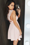 A-Line Spaghetti Straps Short Pink Satin Homecoming Dress with Lace PD018 - Pgmdress