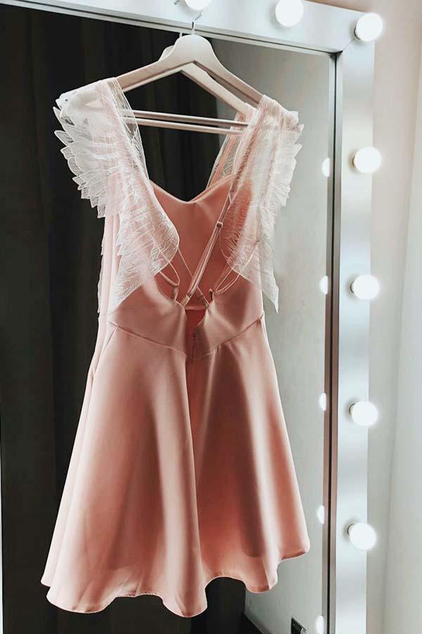 A-Line Spaghetti Straps Short Pink Satin Homecoming Dress with Lace PD018 - Pgmdress
