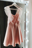 A-Line Spaghetti Straps Short Pink Satin Homecoming Dress with Lace PD018 - Pgmdress