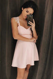 A-Line Spaghetti Straps Short Pink Satin Homecoming Dress with Lace PD018