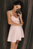 A-Line Spaghetti Straps Short Pink Satin Homecoming Dress with Lace PD018 - Pgmdress