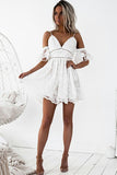 A-Line Spaghetti Straps Short White Lace Homecoming Dress with Ruffles PD213