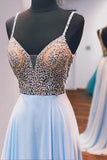 A-line Spaghetti Straps Sky Blue Beaded Long Prom Dress Evening Dress PSK197