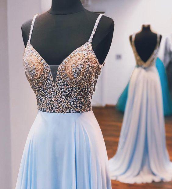 A-line Spaghetti Straps Sky Blue Beaded Long Prom Dress Evening Dress PSK197 - Pgmdress