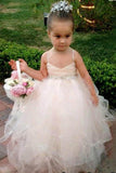 A-Line Spaghetti Straps Sweep Train Flower Girl Dress with Beading Bowknot FL08 - Pgmdress