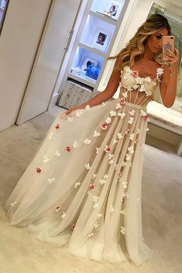 A-Line Spaghetti Straps Sweep Train Ivory Tulle Prom Dress with Flowers PG804 - Pgmdress