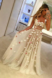 A-Line Spaghetti Straps Sweep Train Ivory Tulle Prom Dress with Flowers PG804 - Pgmdress