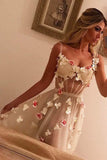 A-Line Spaghetti Straps Sweep Train Ivory Tulle Prom Dress with Flowers PG804 - Pgmdress