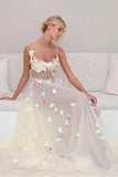 A-Line Spaghetti Straps Sweep Train Ivory Tulle Prom Dress with Flowers PG804