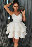 A-Line Spaghetti Straps Tiered Short Satin Homecoming Dress with Lace  PD025