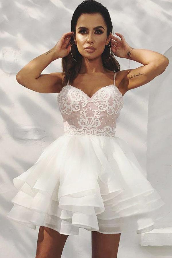 A-Line Spaghetti Straps Tiered White Homecoming Dress with Appliques US14 / As Picture A-Line Spaghetti Straps Tiered White Homecoming Dress with Appliques US14 / As Picture