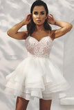 A-Line Spaghetti Straps Tiered White Homecoming Dress with Appliques PD405 - Pgmdress