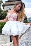 A-Line Spaghetti Straps Tiered White Homecoming Dress with Appliques PD405 - Pgmdress