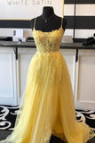 A Line Spaghetti Straps Yellow Split Long Prom Dress With Lace Appliques PSK211 - Pgmdress