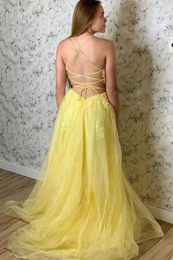 A Line Spaghetti Straps Yellow Split Long Prom Dress With Lace Appliques PSK211 - Pgmdress