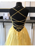 A Line Spaghetti Straps Yellow Split Long Prom Dress With Lace Appliques PSK211 - Pgmdress