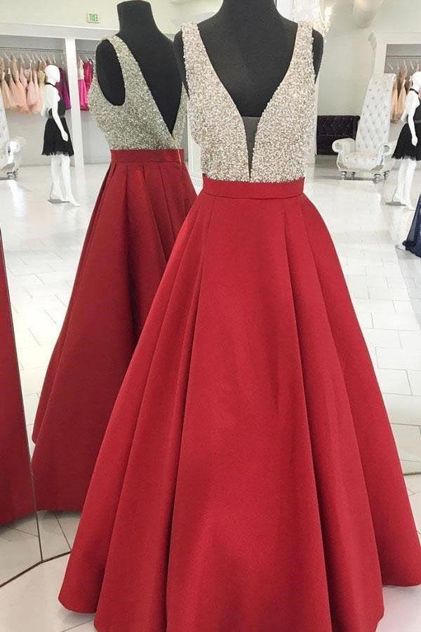 A-line Sparkly Sequins Red Long Prom Dress Satin Evening Dress PG933 - Pgmdress