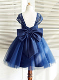 A-Line Square Knee-Length Navy Blue Tulle Flower Girl Dress FL02 - Pgmdress