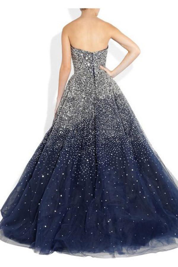 A-line Strapless Beading Tulle Long Navy Blue Prom Dresses PG366 - Pgmdress