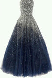 A-line Strapless Beading Tulle Long Navy Blue Prom Dresses PG366 - Pgmdress