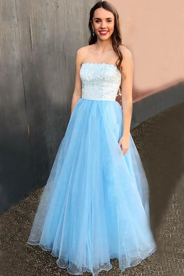 A-Line Strapless Floor-Length Light Blue Prom Dress with Lace Beading PG876 - Pgmdress