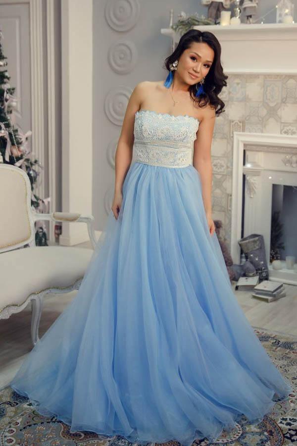 A-Line Strapless Floor-Length Light Blue Prom Dress with Lace Beading PG876 - Pgmdress
