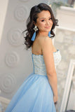 A-Line Strapless Floor-Length Light Blue Prom Dress with Lace Beading PG876 - Pgmdress
