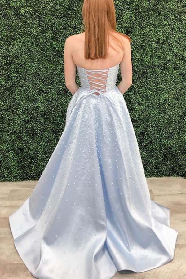 A Line Strapless Light Sky Blue Prom/Formal Dress With Pearls PSK157 - Pgmdress