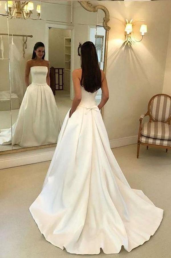 A-line Strapless Open Back Satin Ivory Wedding Dress with Pockets WD395 - Pgmdress