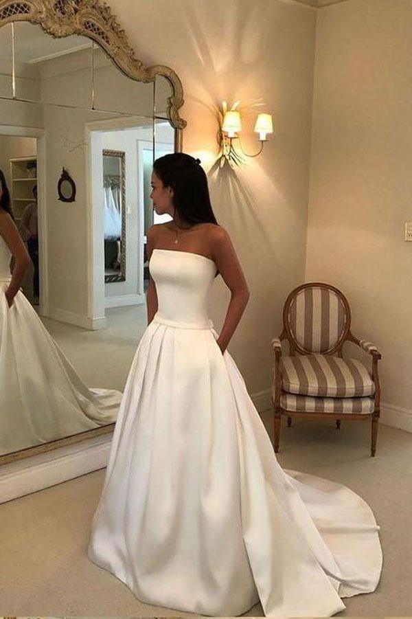 A-line Strapless Open Back Satin Ivory Wedding Dress with Pockets WD395 - Pgmdress