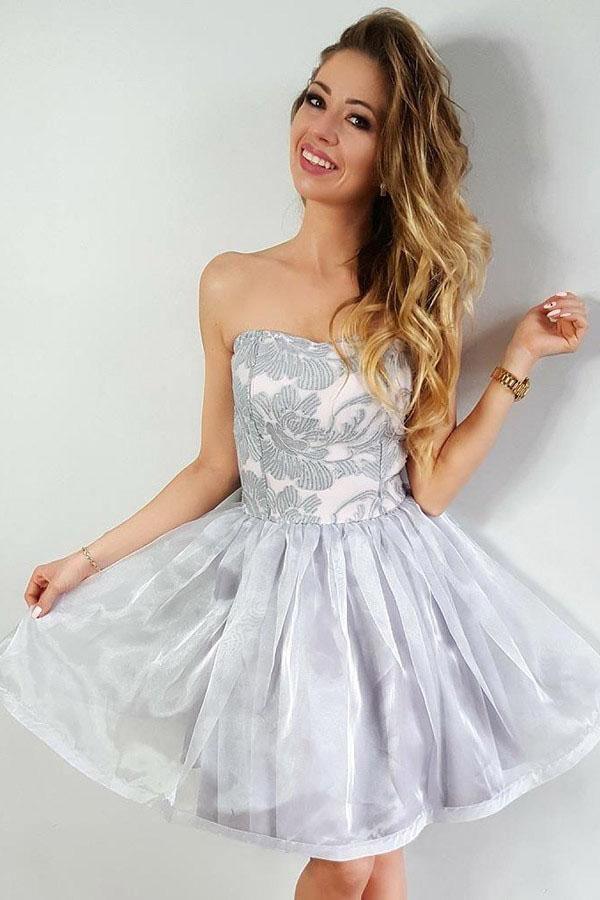 A-Line Strapless Short Organza Homecoming Party Dress with Appliques PD291 - Pgmdress