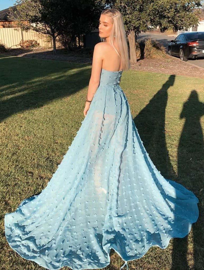 A-Line Strapless Sky Blue Lace High Split Long Prom/Formal Dress PSK164 - Pgmdress