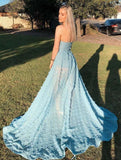 A-Line Strapless Sky Blue Lace High Split Long Prom/Formal Dress PSK164 - Pgmdress