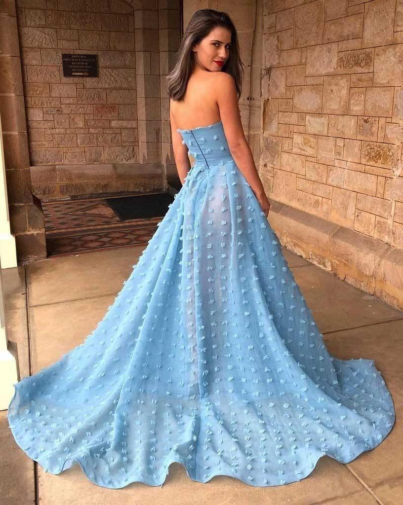 A-Line Strapless Sky Blue Lace High Split Long Prom/Formal Dress PSK164 - Pgmdress